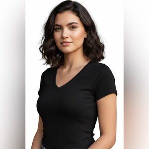 BCBG black short sleeved, V-neck, ribbed top, great condition, stretchy, XS